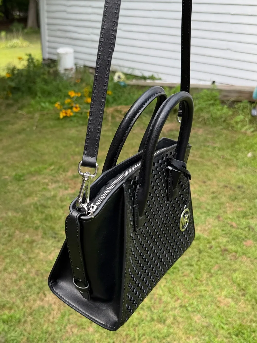 Michael Kors Avril Small Woven Satchel Crossbody Black NWT